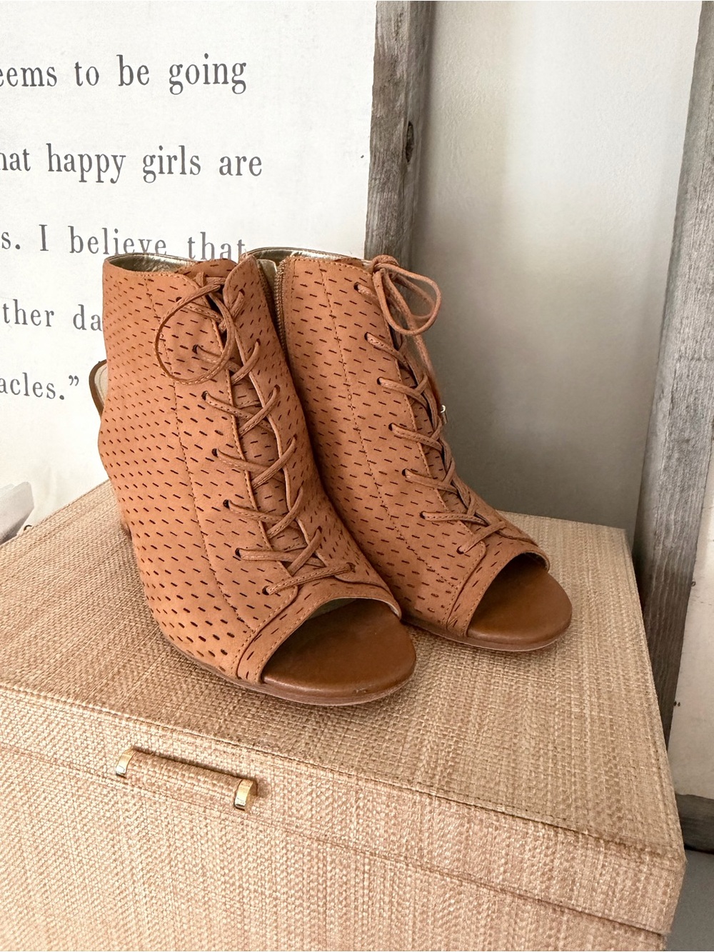 Sam Edelman Tan Perforated Lace-Up Peep-Toe Wedge Booties